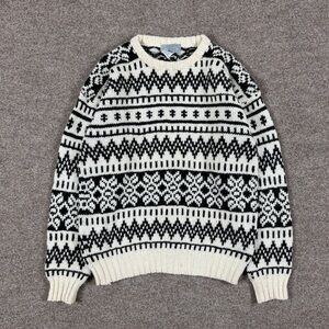 Vintage Wool Pullover Sweater Womens L Black Cream Geometric Striped Pattern 90s